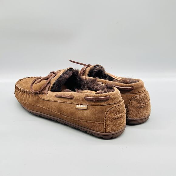 LL Bean Shoes Men 12 Brown Suede Shearling Lined Moccasin House Slippers Comfort main image 5